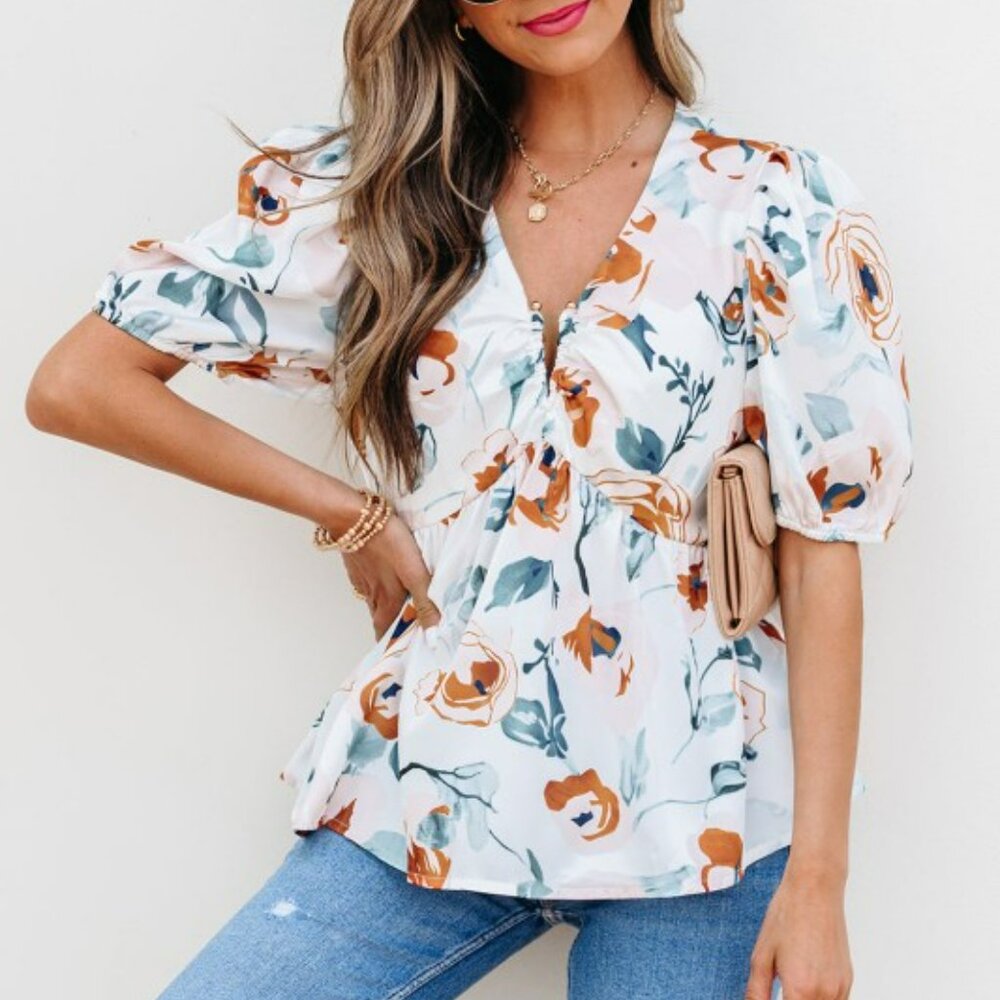 Floral Puff Sleeve V-Neck Babydoll Blouse